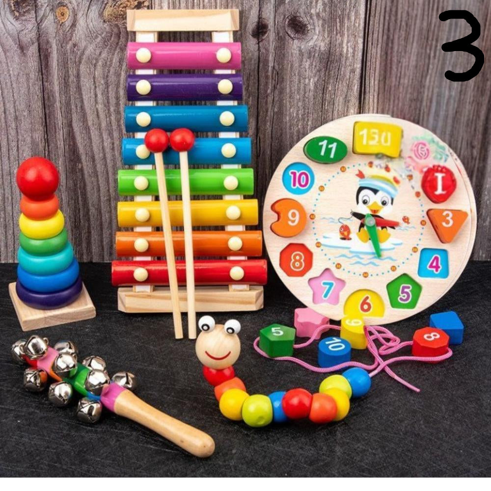 🎁 Model 1 – 7-in-1 Montessori Wooden Toy Set for Toddlers – Xylophone, Clock, Shape Sorter, Rainbow Stacker & More – Colourful Learning Toys for Ages 2–5 Kids